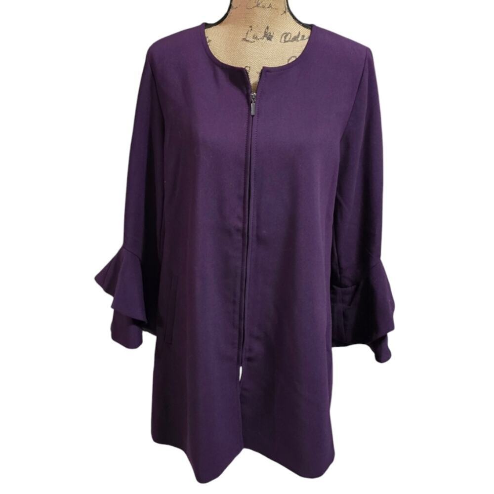 Alfani Womens Dark Fig Purple Bell Sleeve Zip Front Boyfriend Jacket Medium NEW